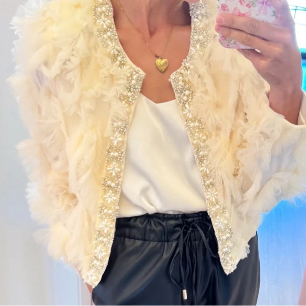 Embellished Feather Crop Jacket in Cream